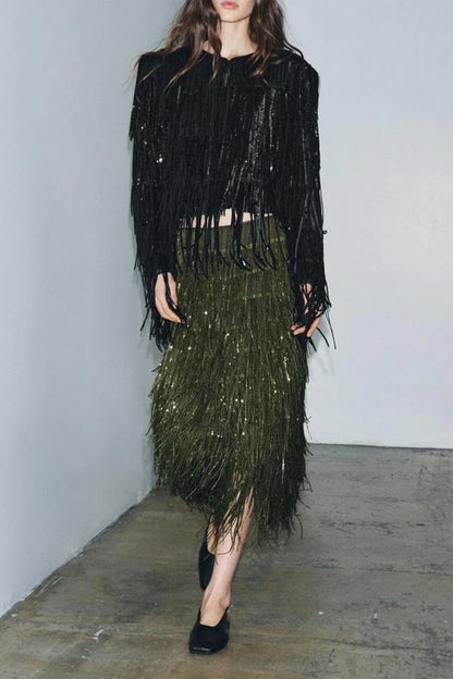 Fashion Sequined Tassel Elegant Midi Skirt