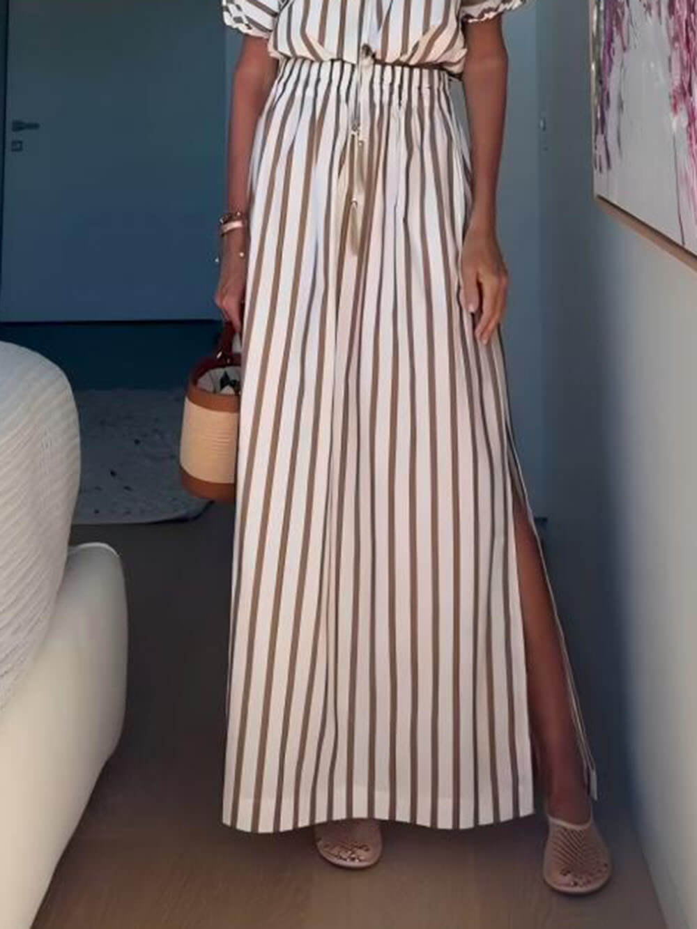Exquisite Unique Striped Print Elastic Waist Slit Pocket Maxi Skirt