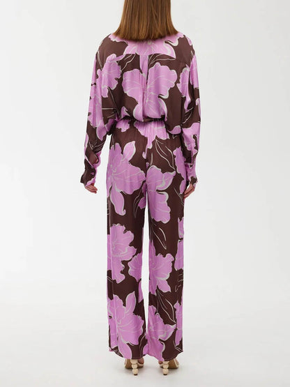 Casual Magnolia Print Elastic Waist Tie-Pocket Straight Pants