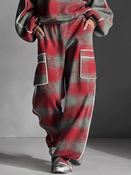 Fashion Street-Style Red And Gray Plaid Color-Block Wide-Leg Pants