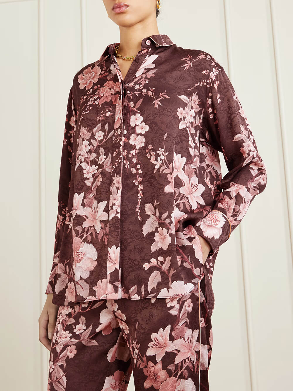 Exquisite Floral Print Satin Piped Straight-Leg Pants