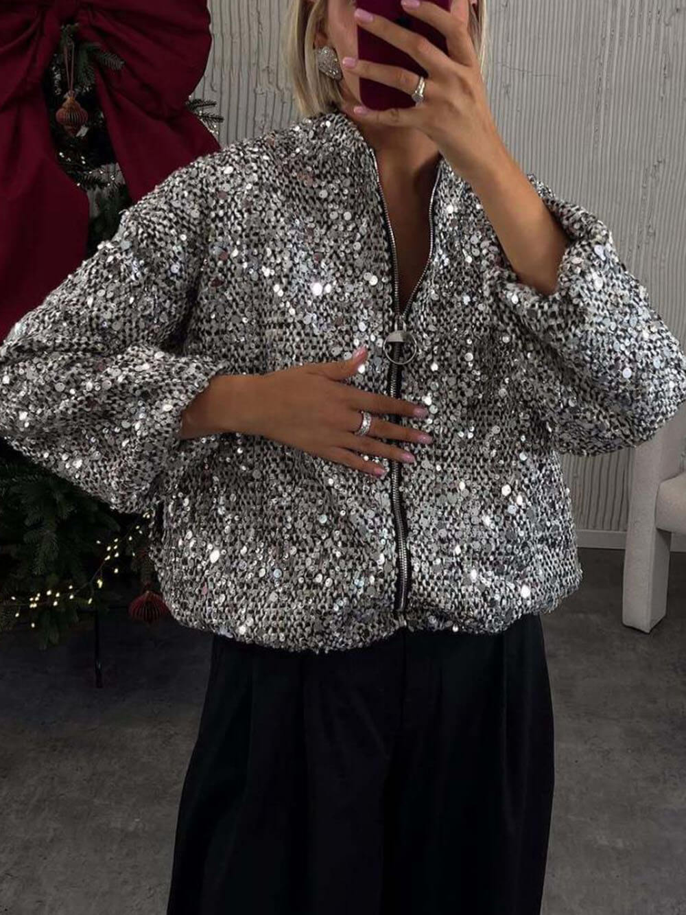 Retro Sequin Zip-Up Long Sleeve Jacket
