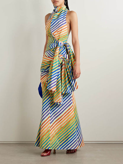 Unique Striped Print Crayon Knot A-Line Maxi Skirt