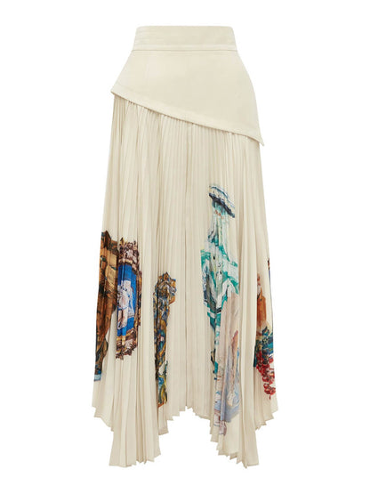 Retro Printed Ruched Patchwork Asymmetric Pleated Skirt