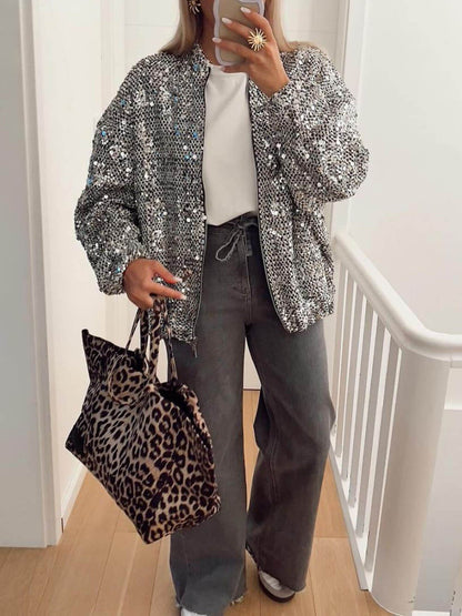 Retro Sequin Zip-Up Long Sleeve Jacket
