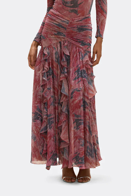 Exquisite Abstract Print Ruched Twist Ruffle Maxi Skirt