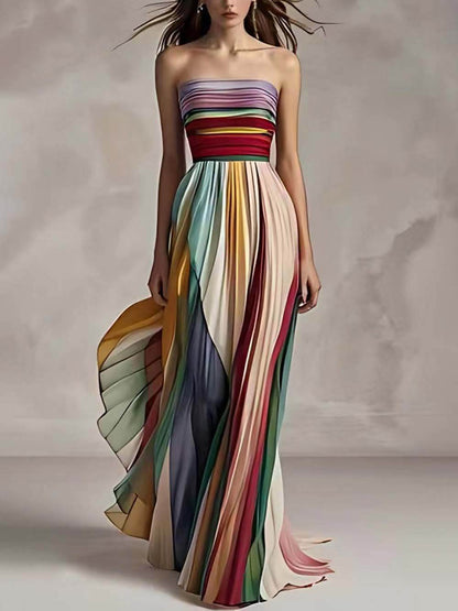 Elegante gestreepte off-shoulder geplooide bandeau maxi-jurk met print