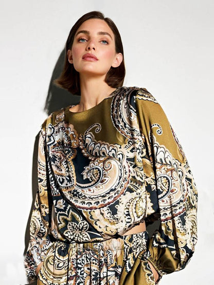 Exquisite Satin Paisley Print Elastic-Waist Wide-Leg Pants