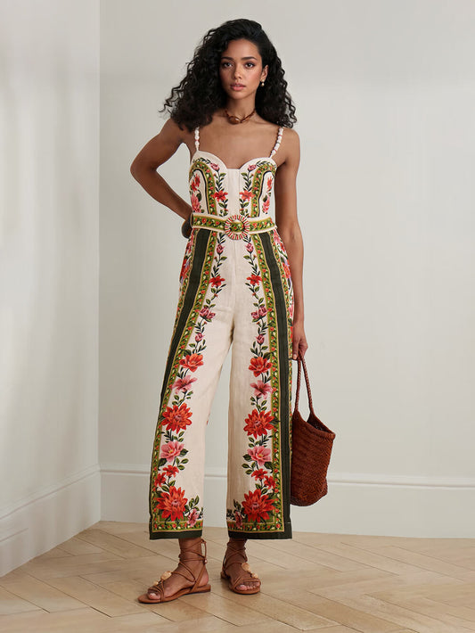 Retro Lace-up Print Linen Jumpsuit