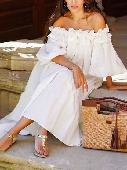 Off-shoulder midi-jurk met ruches, pofmouwen en zakken