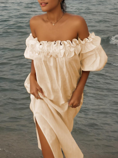 Off-shoulder midi-jurk met ruches, pofmouwen en zakken
