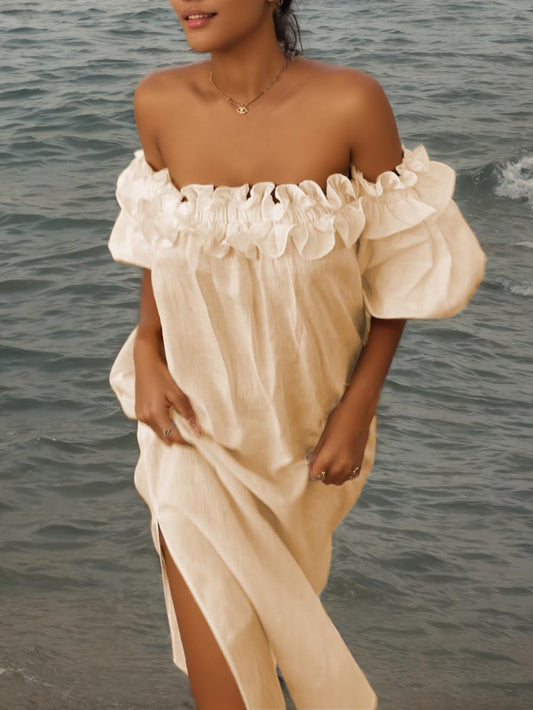 Off-shoulder midi-jurk met ruches, pofmouwen en zakken