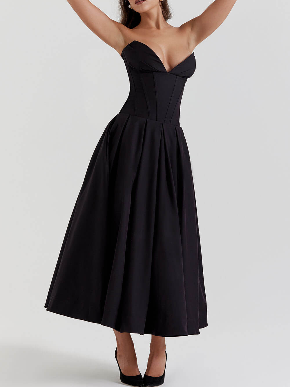 Zwarte strapless midi-jurk