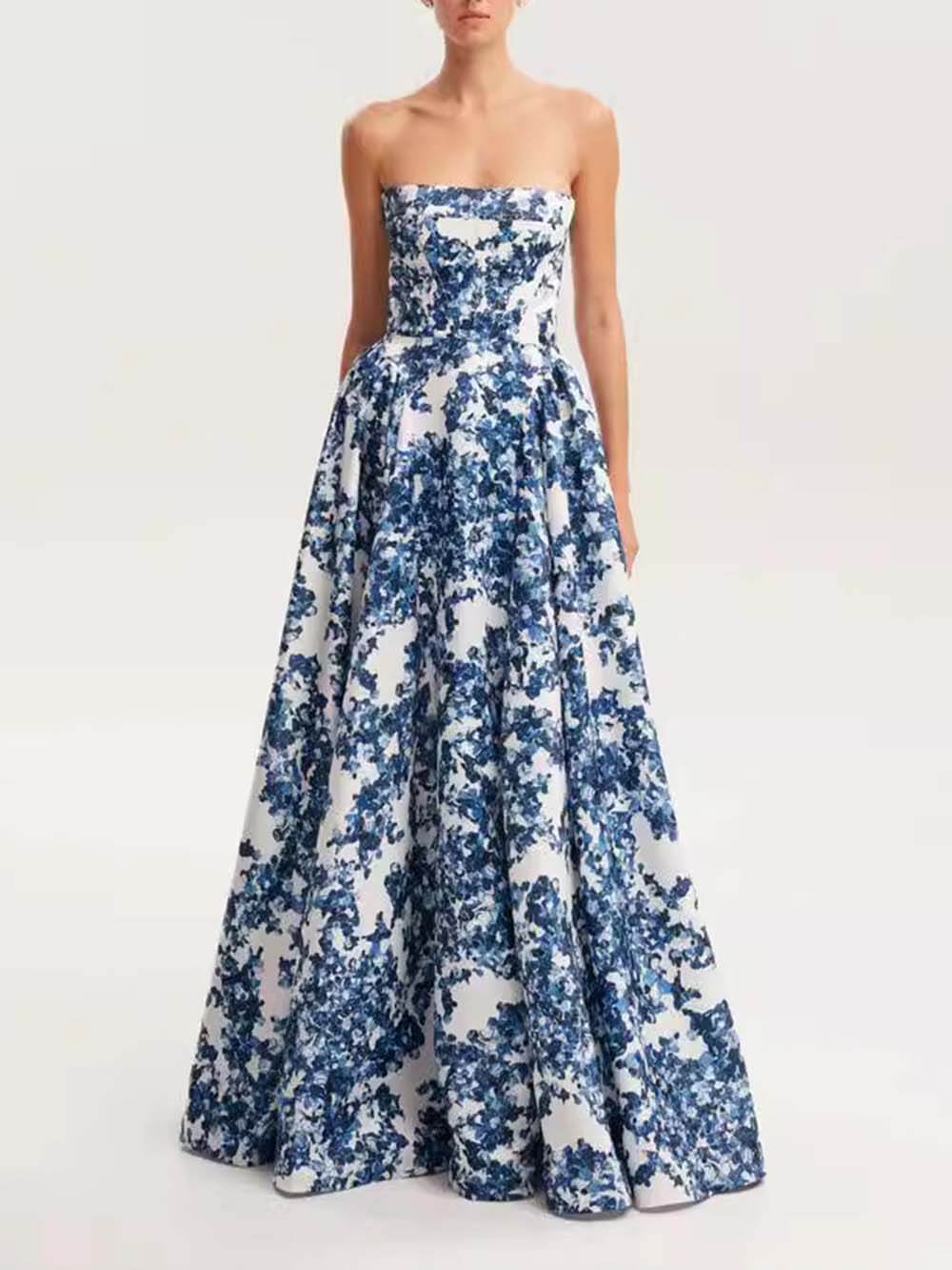 Elegante strapless string maxi-jurk met print