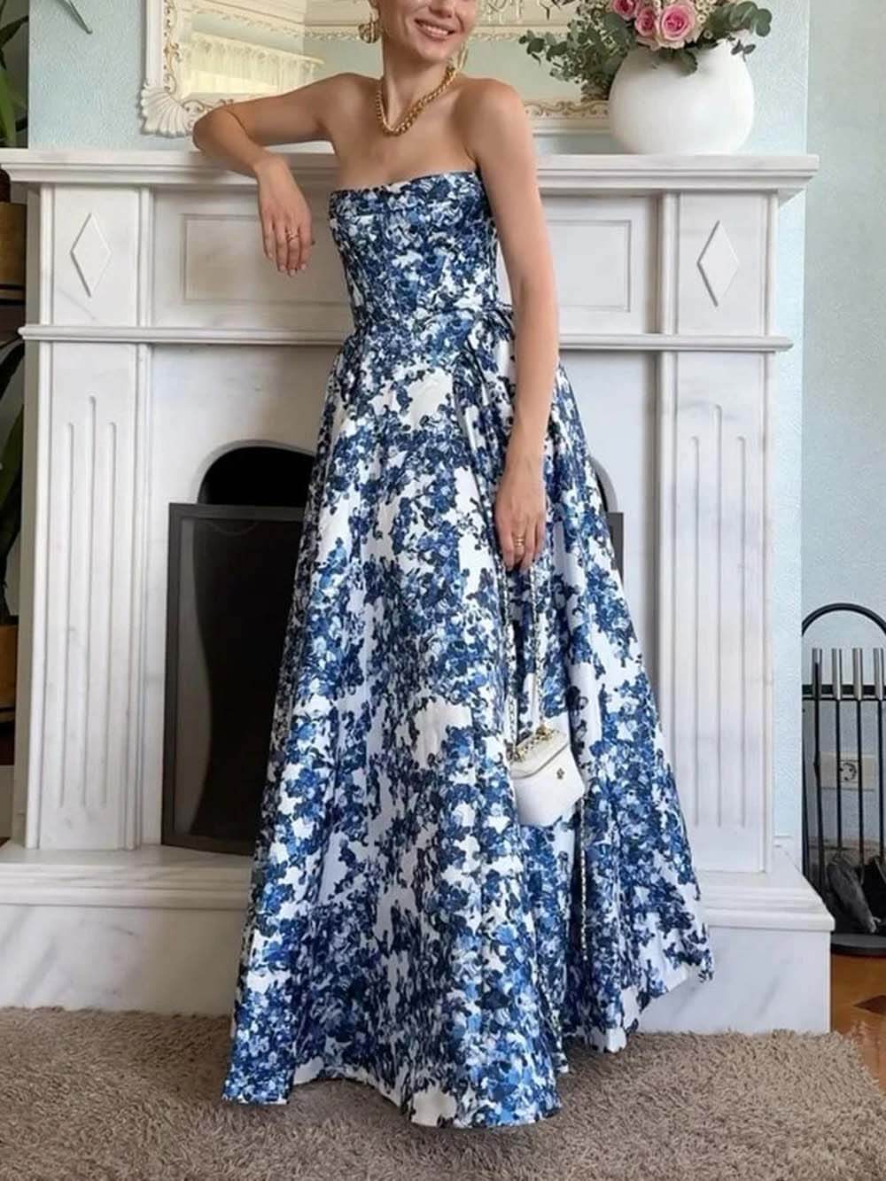 Elegante strapless string maxi-jurk met print