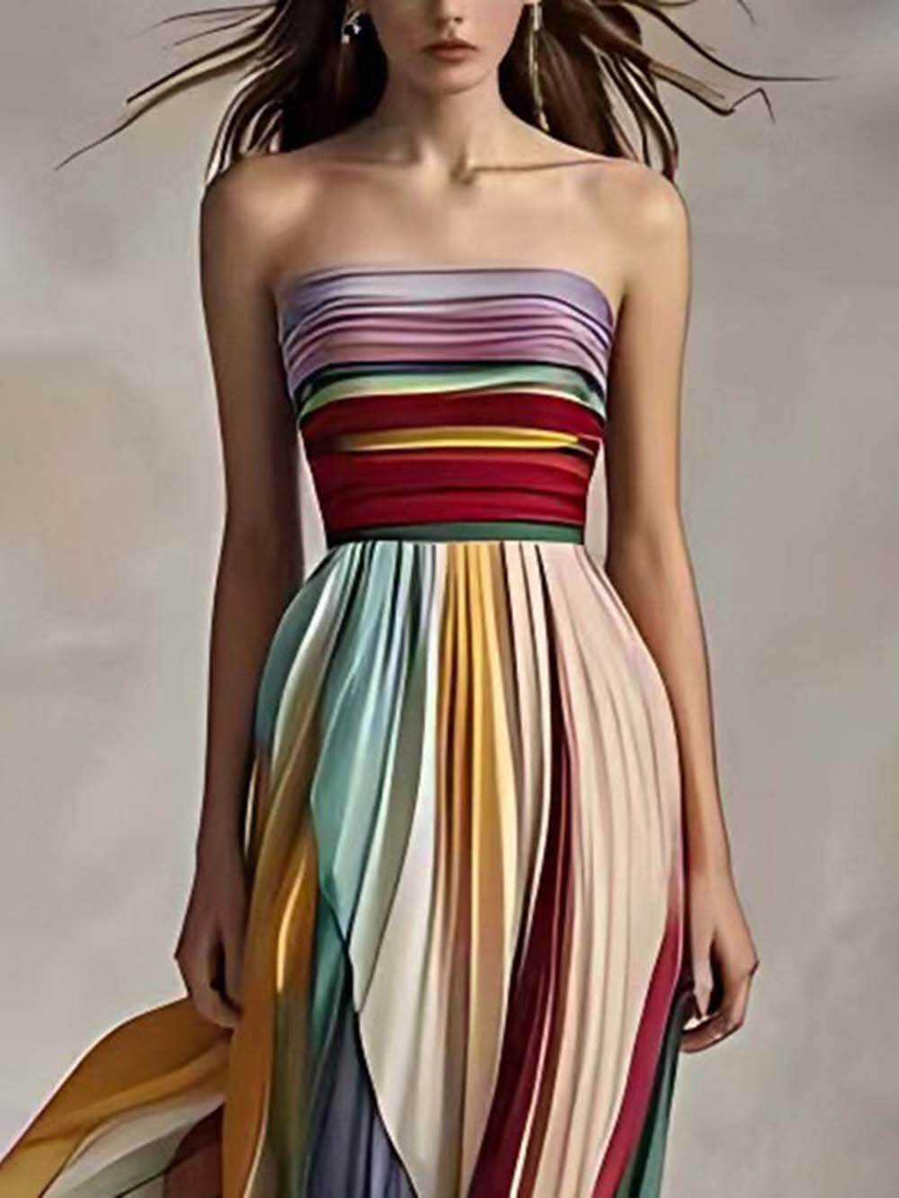Elegante gestreepte off-shoulder geplooide bandeau maxi-jurk met print