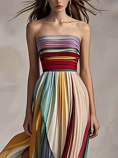 Elegante gestreepte off-shoulder geplooide bandeau maxi-jurk met print