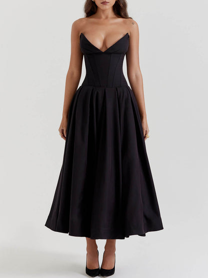 Zwarte strapless midi-jurk