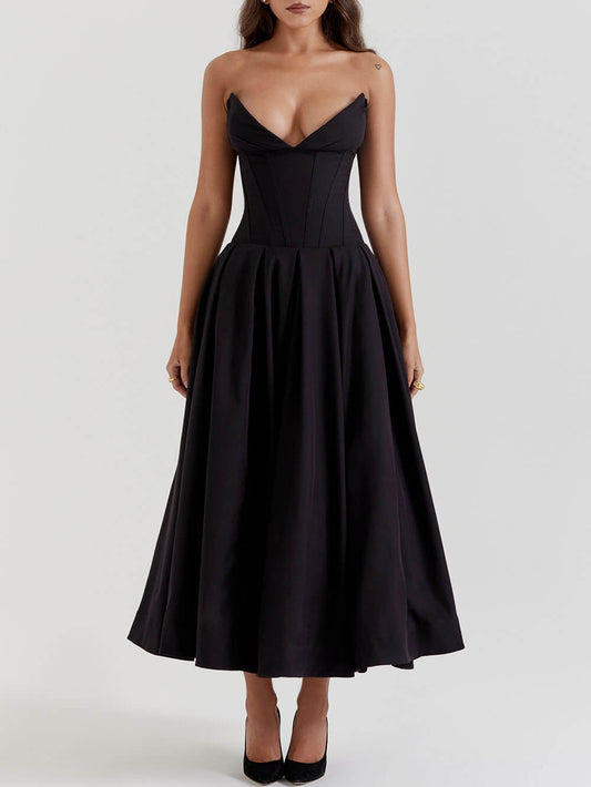 Zwarte strapless midi-jurk