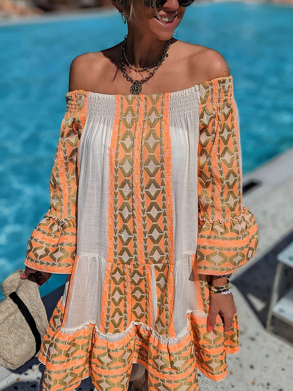 Linnenmix etnische print off-shoulder losse mini-jurk