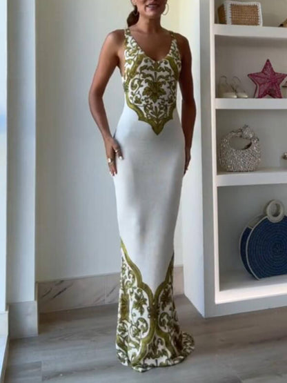 Buitengewone elegantie, symmetrische, unieke print en stretch fishtail maxi-jurk