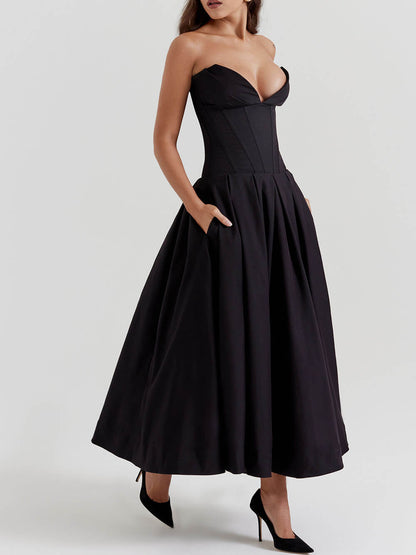 Zwarte strapless midi-jurk