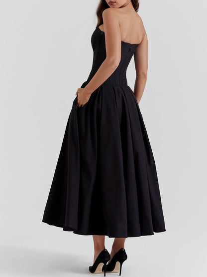 Zwarte strapless midi-jurk