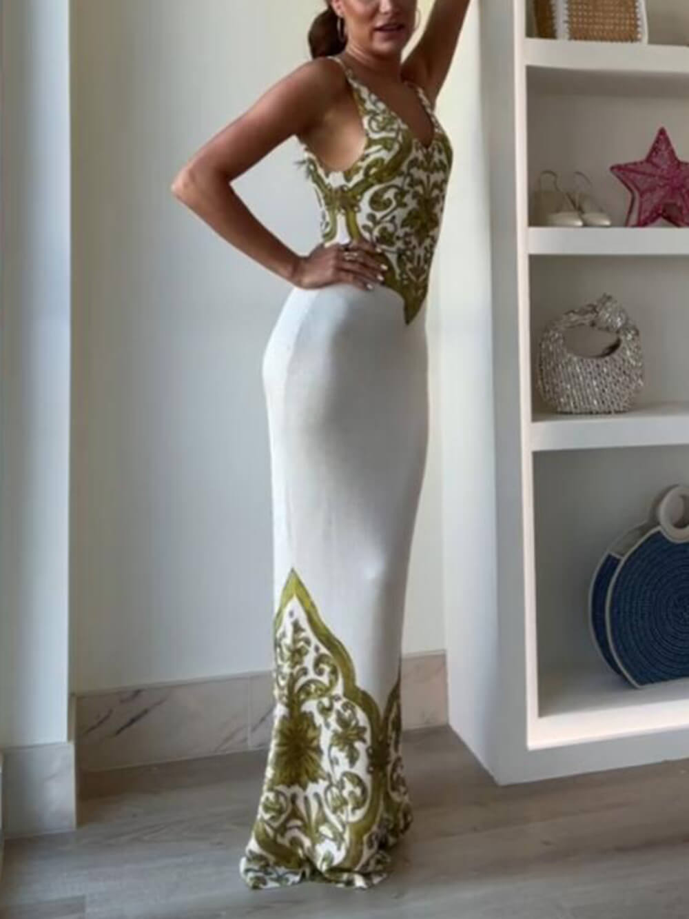 Buitengewone elegantie, symmetrische, unieke print en stretch fishtail maxi-jurk