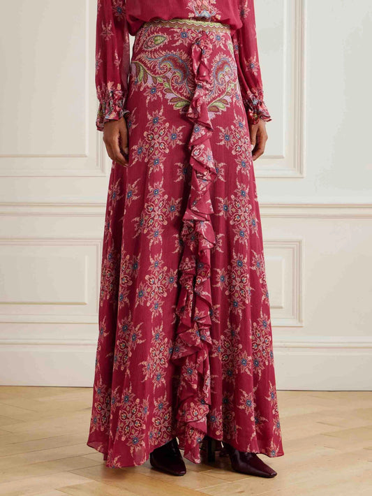 Exquisite Bohemian Ruffled Printed Chiffon Skirt