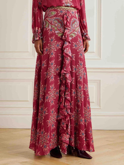 Exquisite Bohemian Ruffled Printed Chiffon Shirt