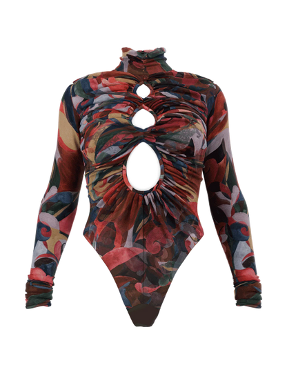 Elegant High-neck Cutout Abstract Print Bodysuit