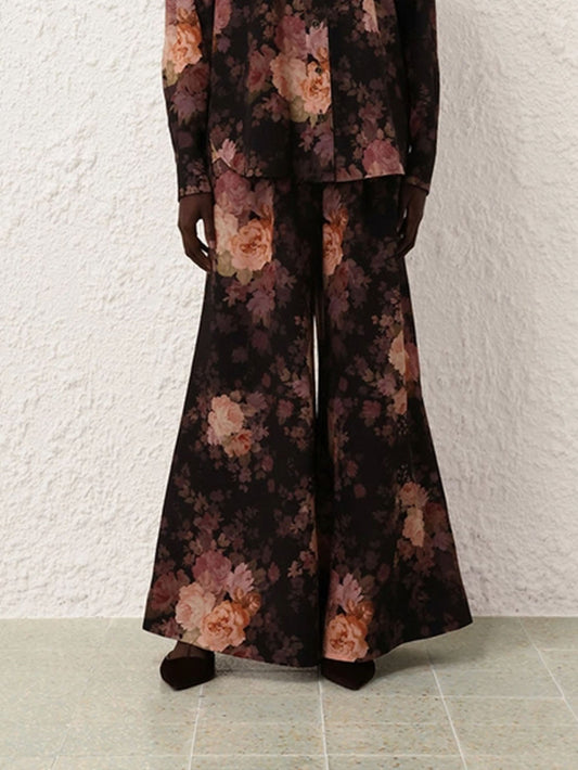 Geplooide broek met wijde pijpen met illustratieprint