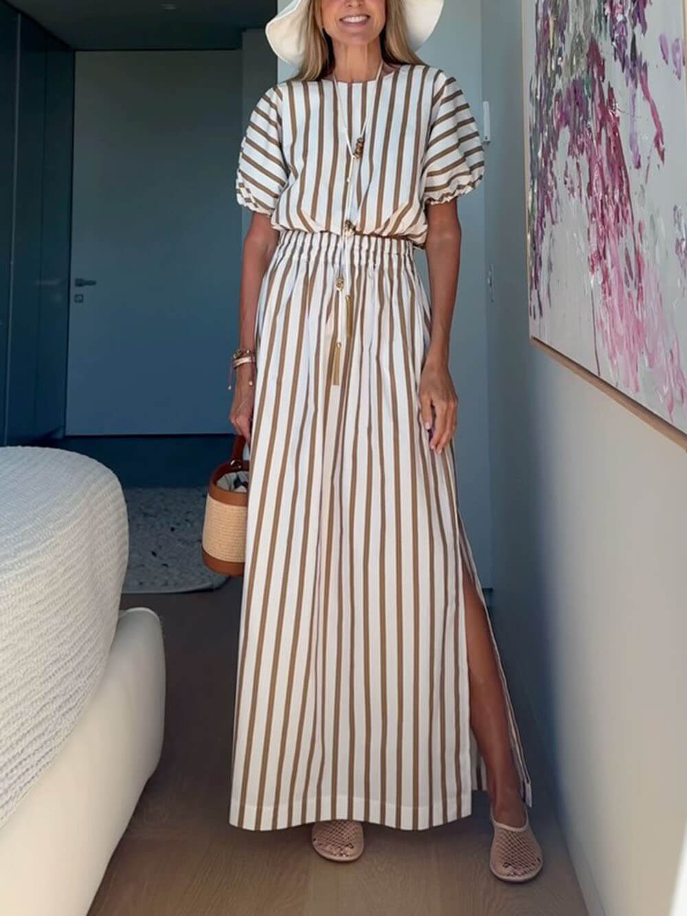 Exquisite Unique Striped Print Elastic Waist Slit Pocket Maxi Skirt