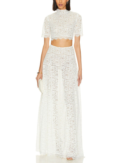 Elegant Hollow Lace Wide Swing Skirt