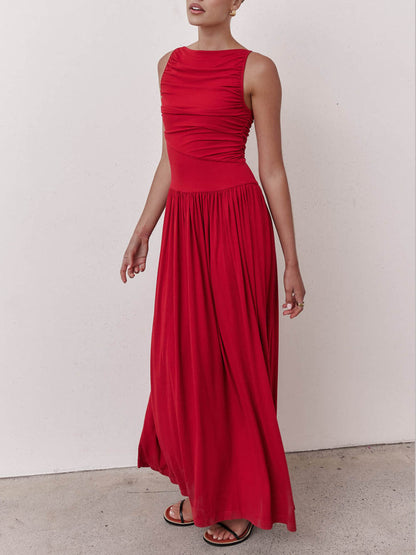 Elegante geplooide mouwloze maxi-jurk