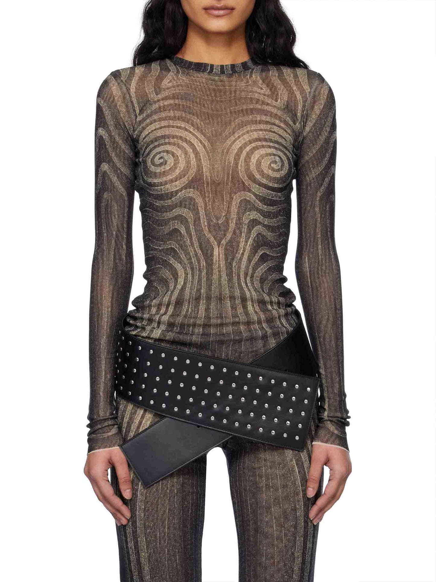 Artistic Abstract Print Sheer Knit Long-Sleeve Top
