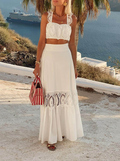 Elegant Lace-Panel High-Waist Maxi Skirt