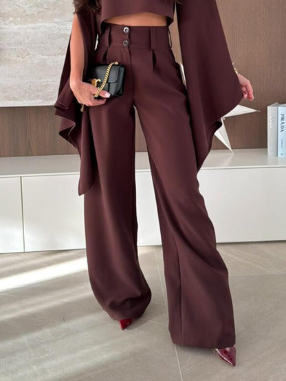 Exquisite Pleated High-Waist Pockets Straight-Leg Pants