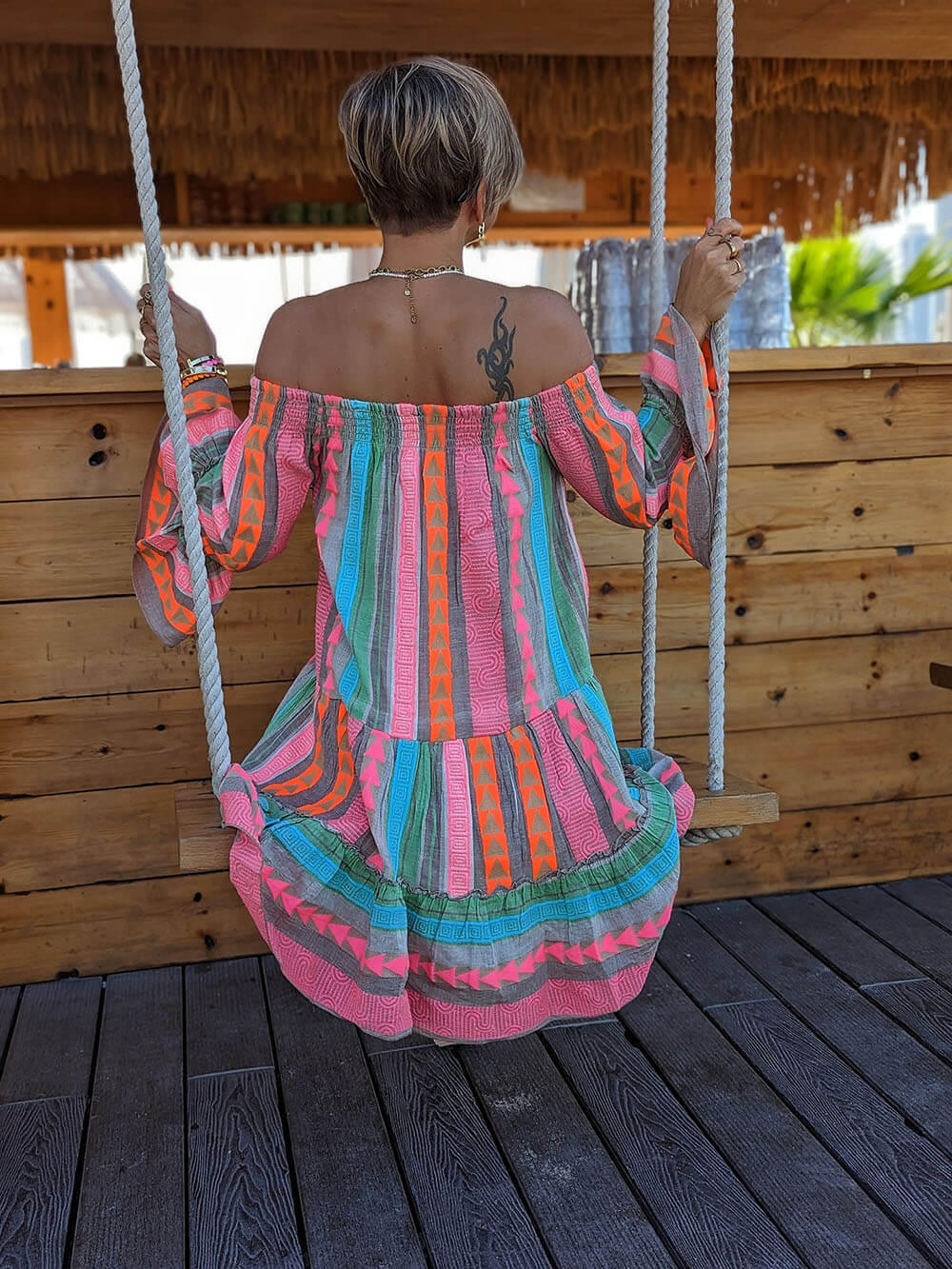 Linnenmix etnische print off-shoulder losse mini-jurk