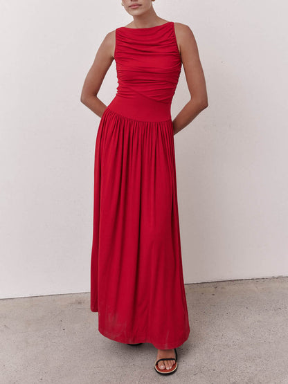 Elegante geplooide mouwloze maxi-jurk