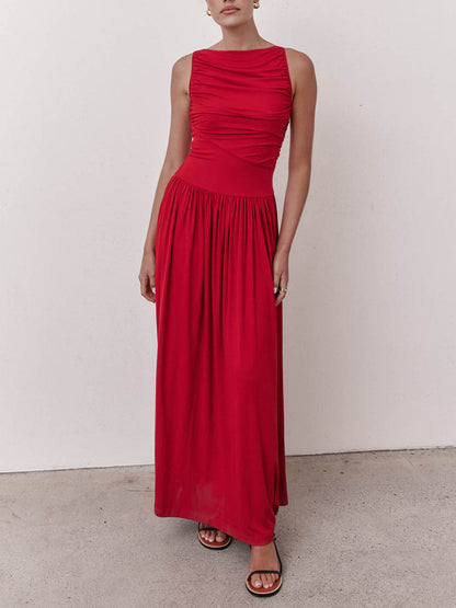 Elegante geplooide mouwloze maxi-jurk
