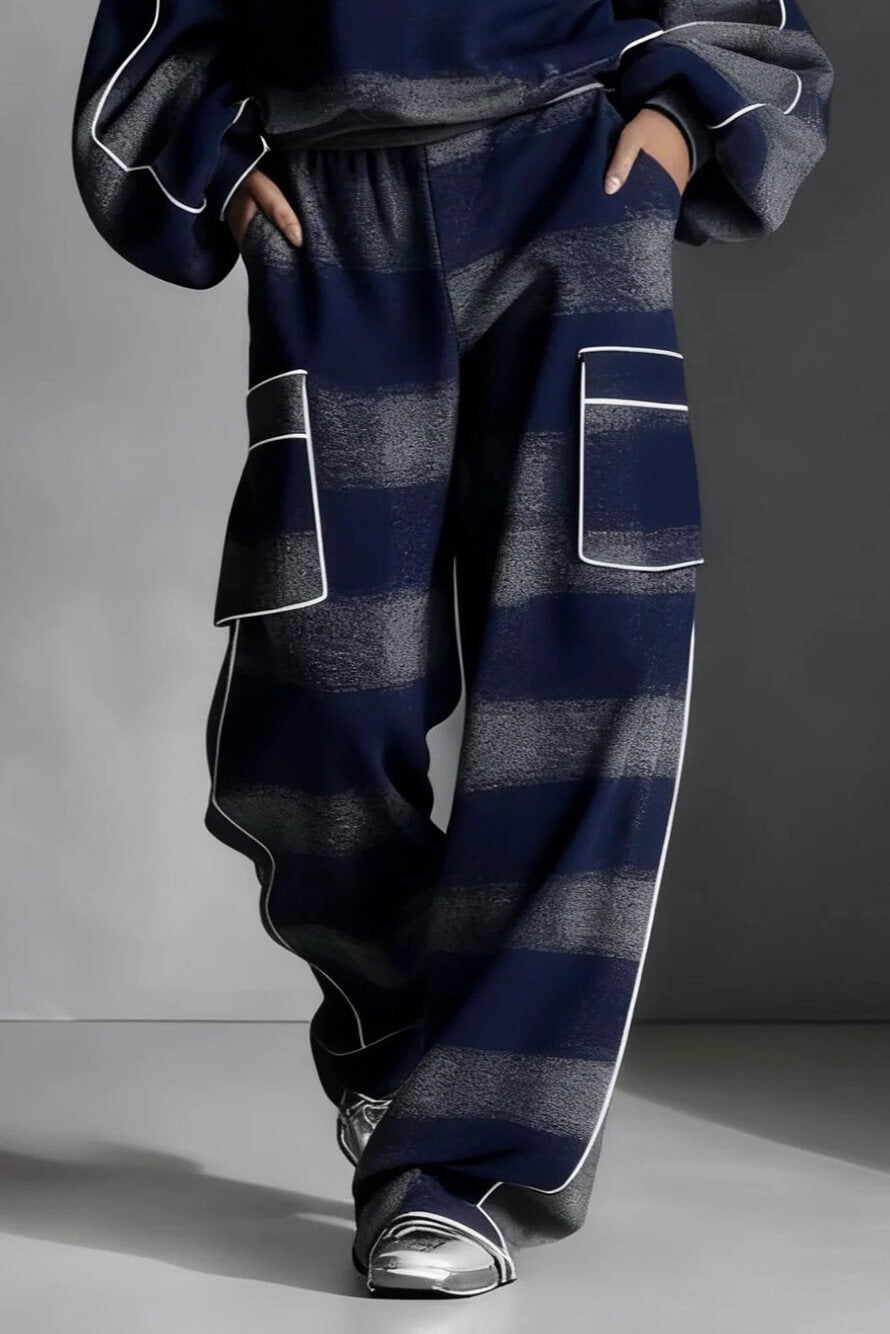 Fashion Street-Style Blue And Gray Plaid Color-Block Loose Top