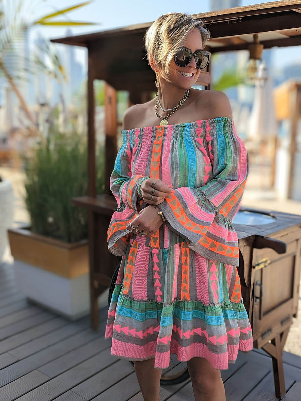 Linnenmix etnische print off-shoulder losse mini-jurk
