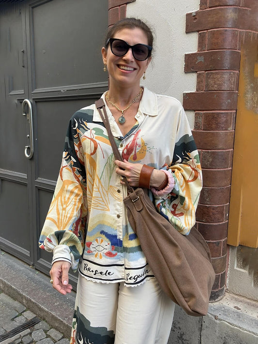 Modern Unique Satin Landscape Print Loose Oversized Shirt