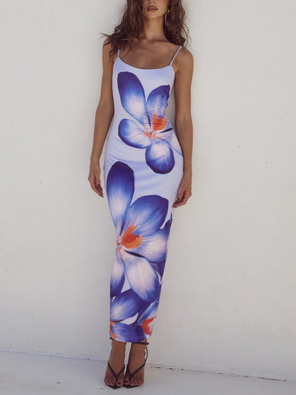 Unieke paarse midi-jurk met bloemenprint en band