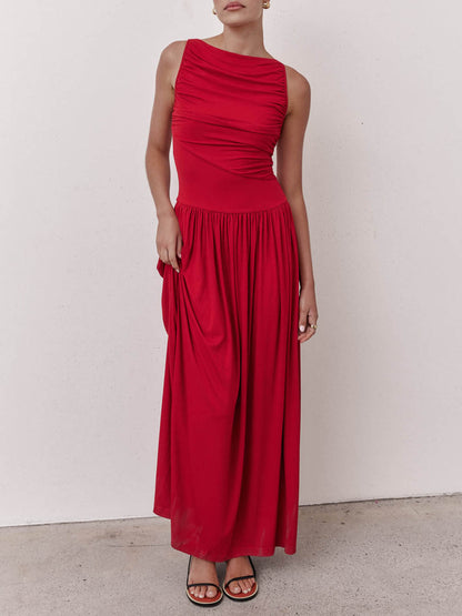 Elegante geplooide mouwloze maxi-jurk
