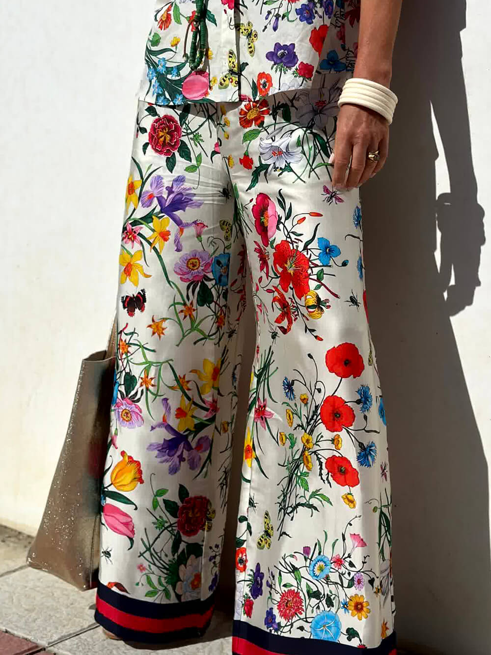 Bloemen unieke print elastische taille broek met wijde pijpen