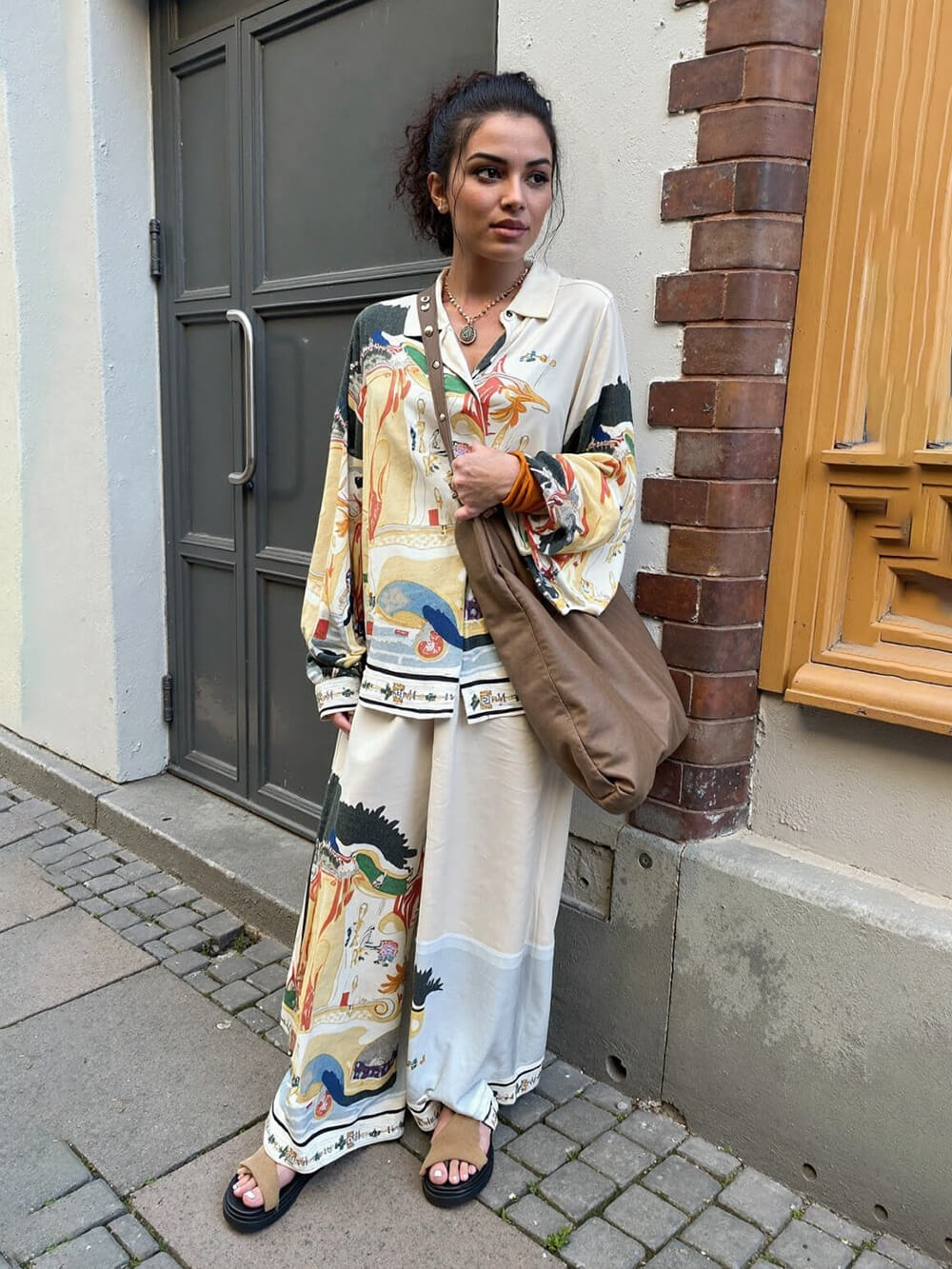 Modern Unique Satin Landscape Print Loose Oversized Shirt