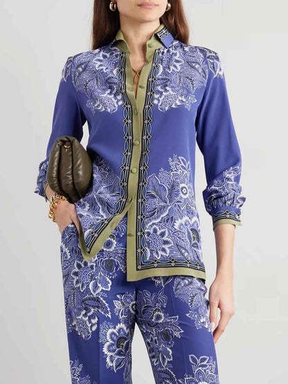 Retro Bohemian Floral Print Satin Shirt