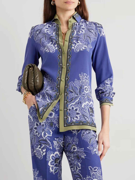 Retro Bohemian Floral Print Satin Shirt